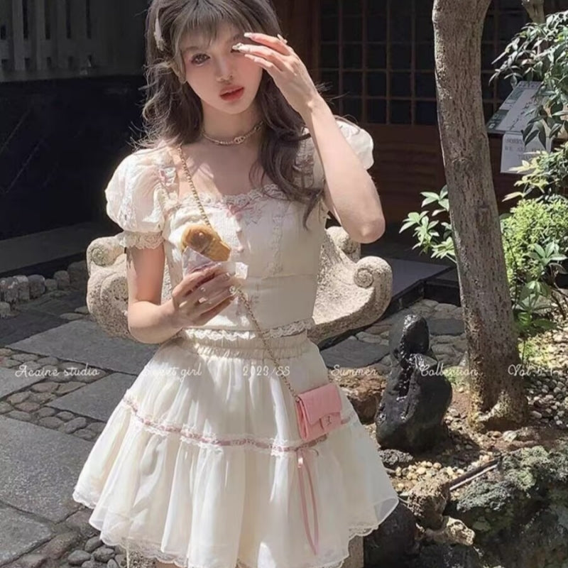 Puff sleeve shirt tutu skirt two piece set HA2203