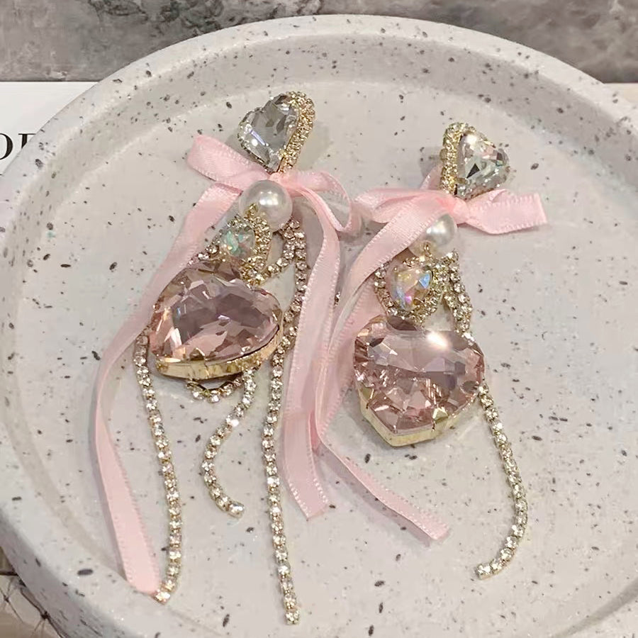 Girly pink bow rhinestone earrings HA1970