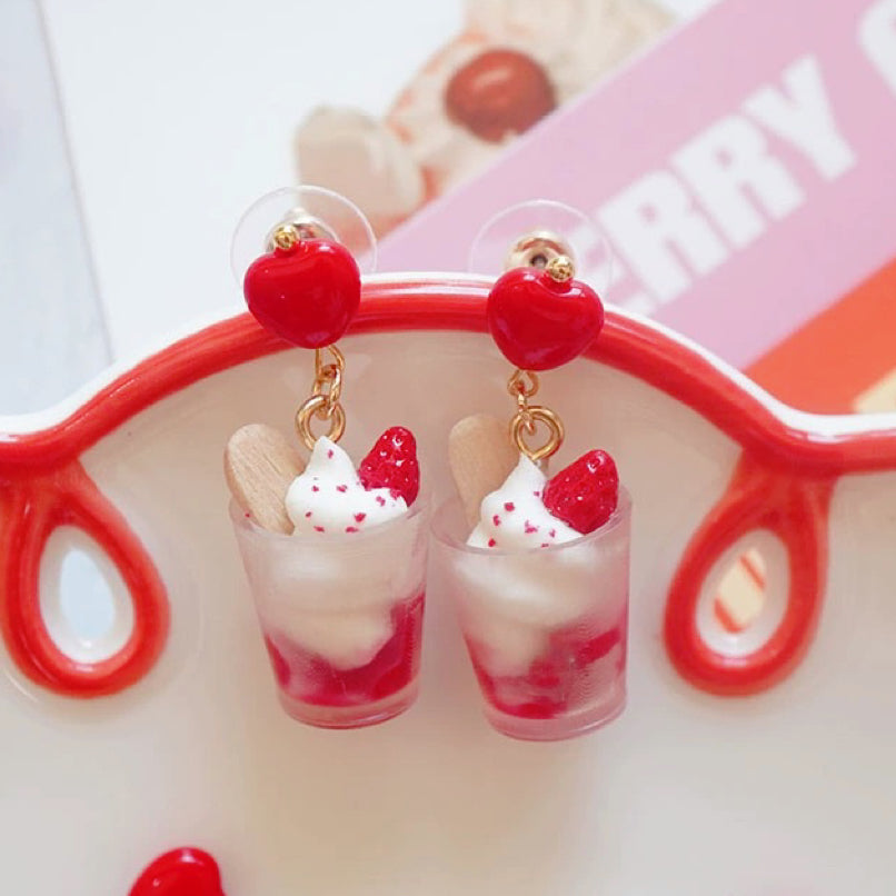 Strawberry Mousse Ice Cream Silver Earrings Ear Clips HA2031