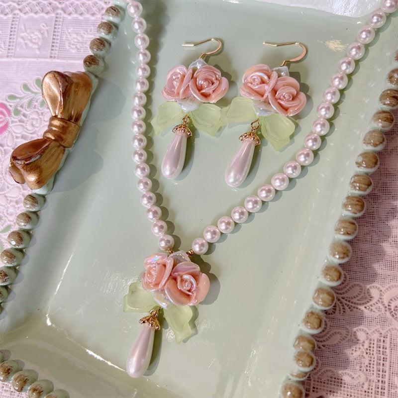 Ceramic Rose Pearl Necklace Earrings HA1842