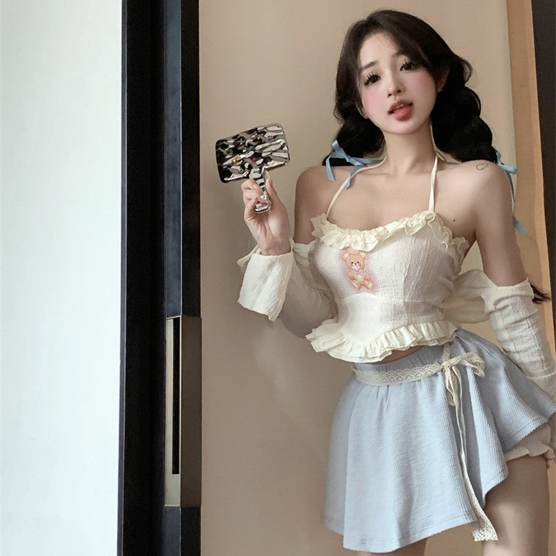 Sweet Bear Three-piece Suspender Cardigan Short Skirt HA1893