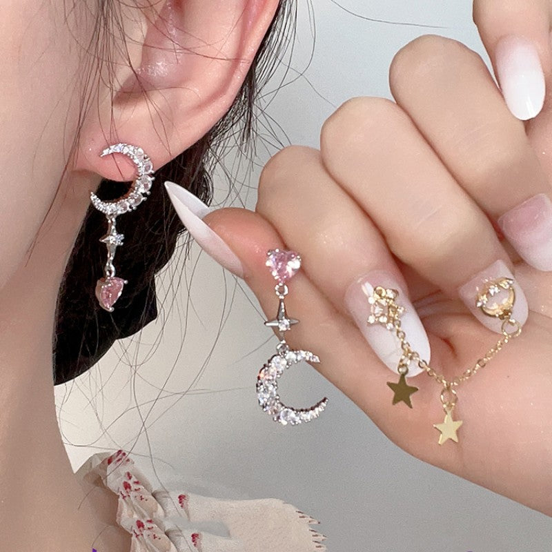 Pink Diamond Heart Star Moon Earrings HA1880