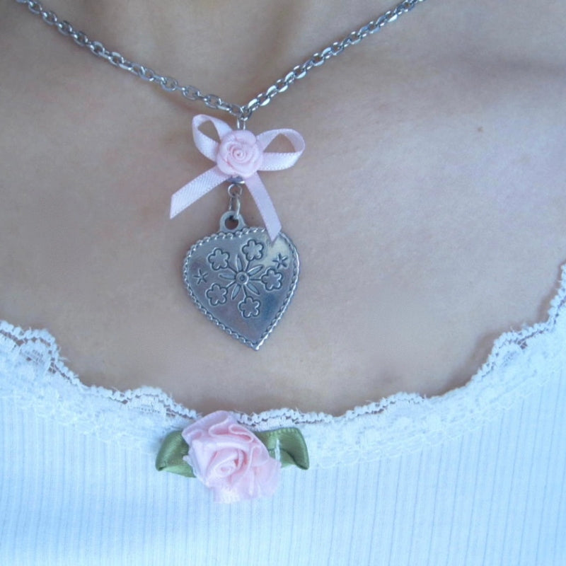Pink Heart Rose Butterfly Necklace HA2177