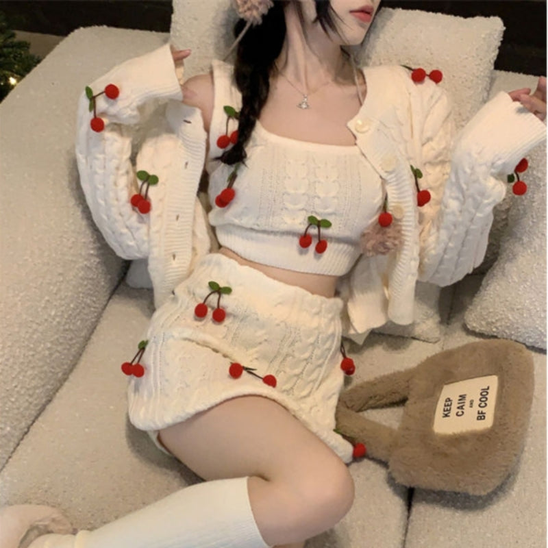 Three-piece twist-knit cardigan skirt HA2205