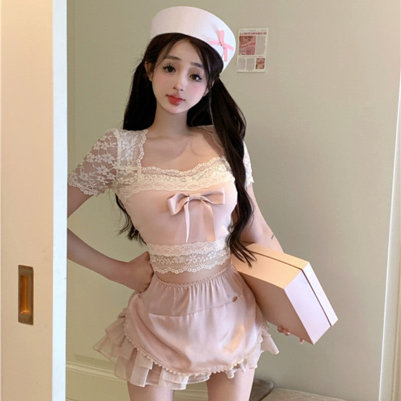 Sweet bow stitching pink T-shirt HA1868