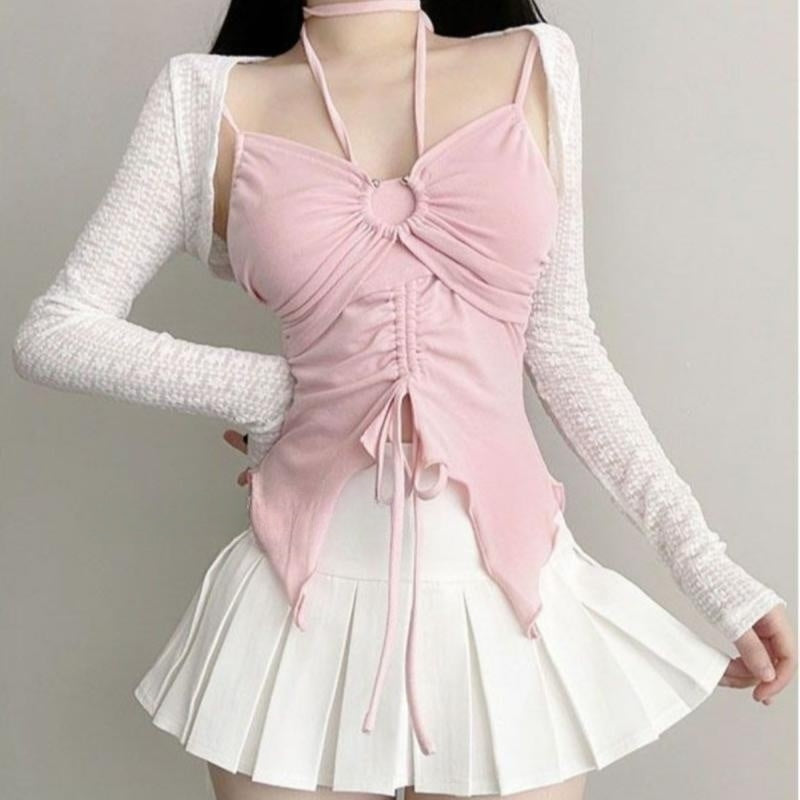 Short Cardigan + Halter Neck Strap + Pleated Skirt Three-piece Suit HA2163
