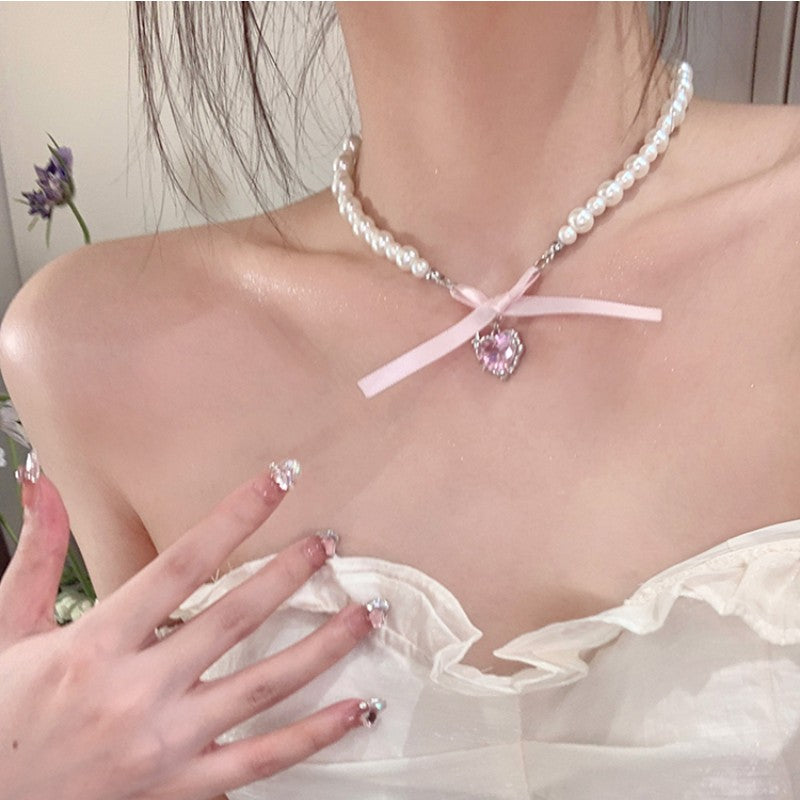 Sweet Heart Bowknot Pearl Necklace HA1941