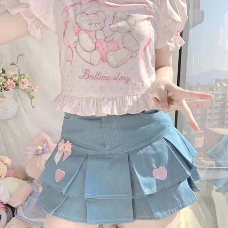 Bow Double Layer Denim Skirt HA1782