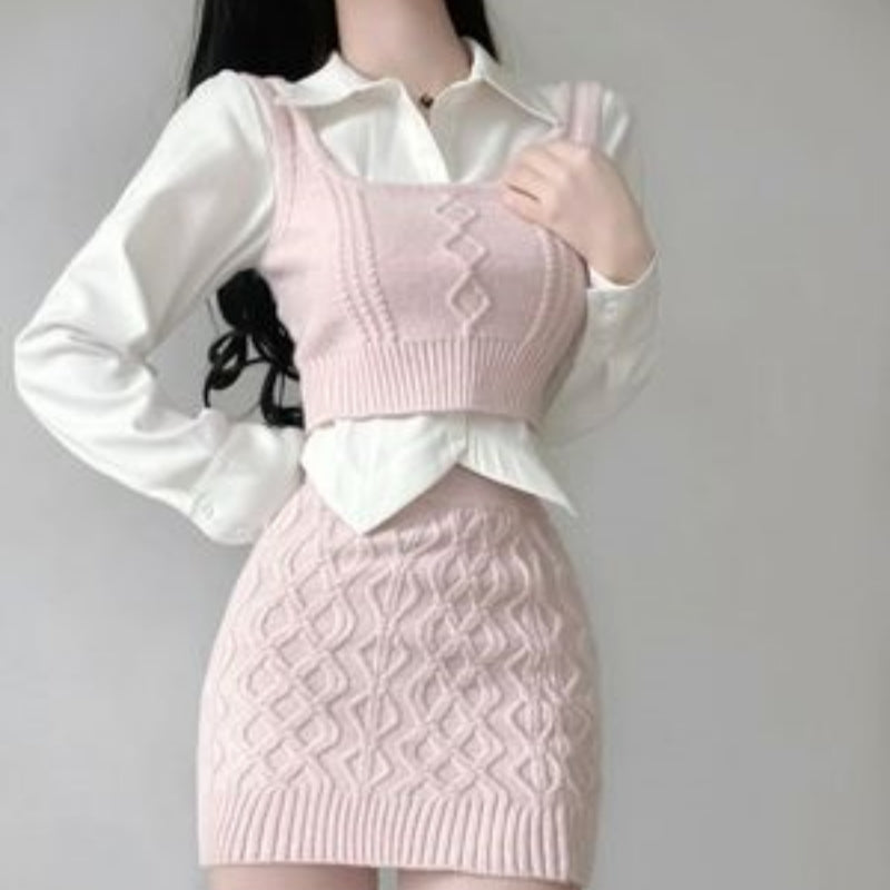 Knitted Vest + White Shirt + Hip Skirt Three-piece Set HA2204