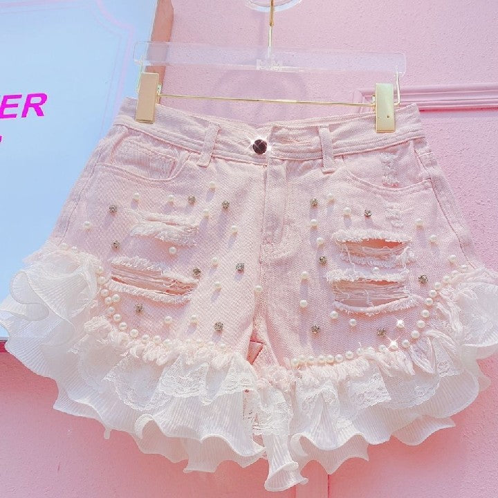 Chiffon lace ripped jeans HA1840