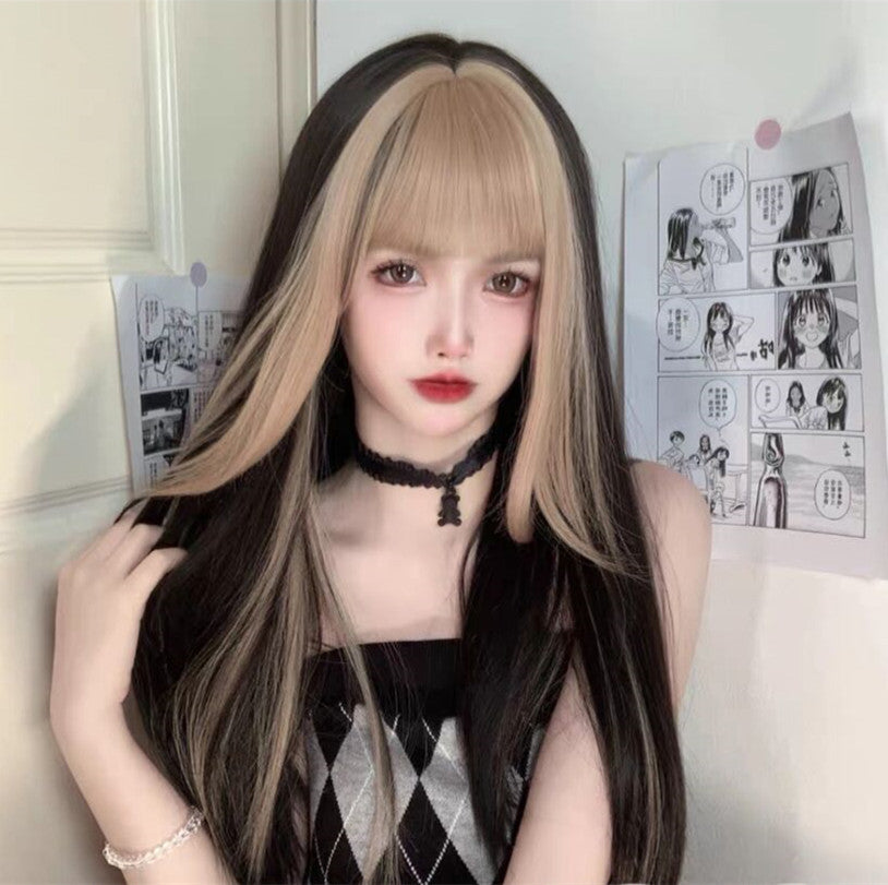 Long Straight Hair Blonde Bangs Wig Set HA0046