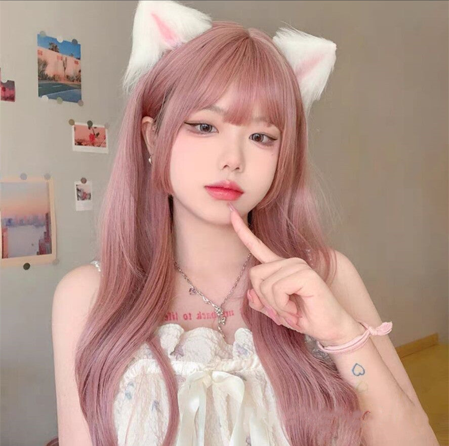 Pink Long Straight Slightly Curly Wig HA0049