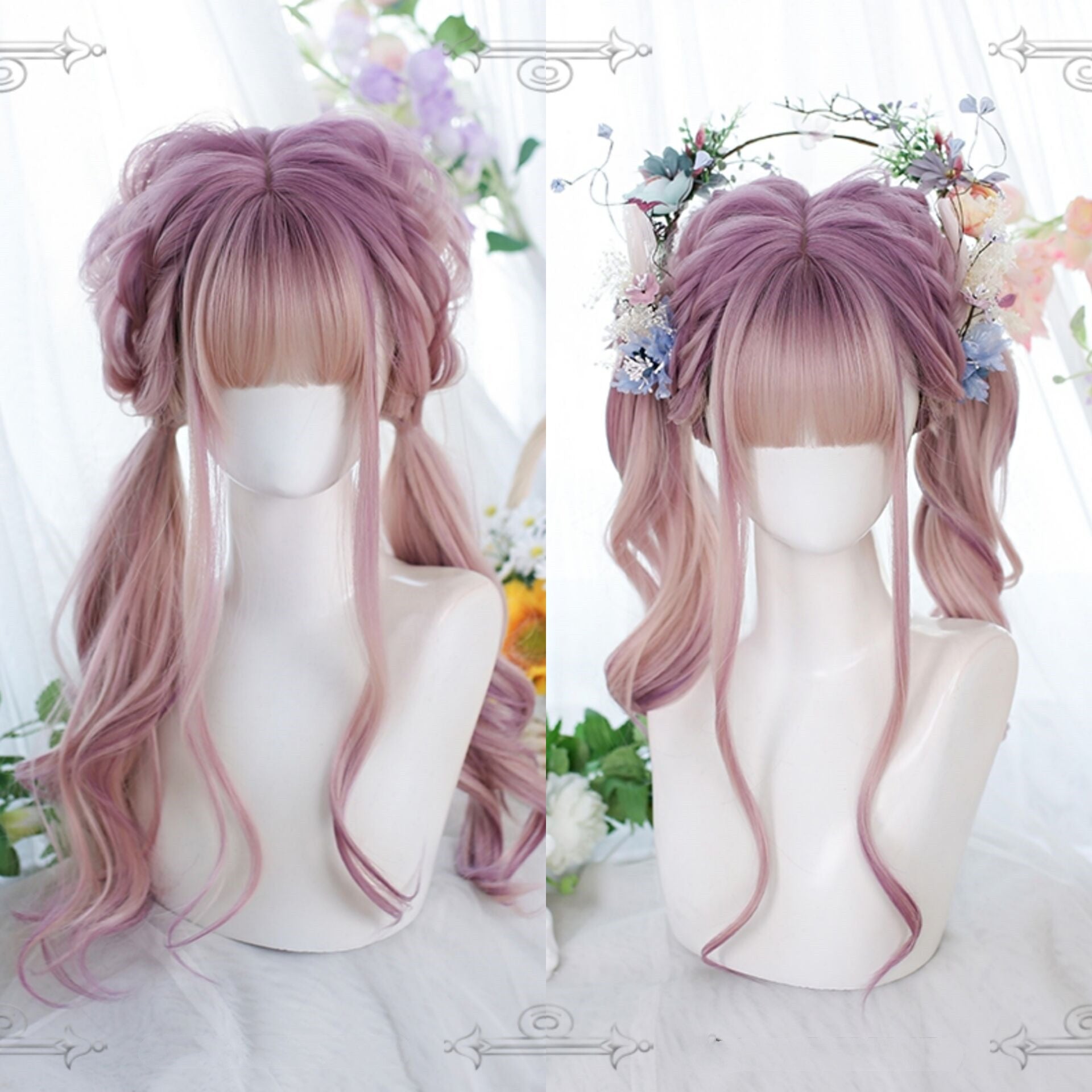 Pink purple highlights long curly hair HA0778