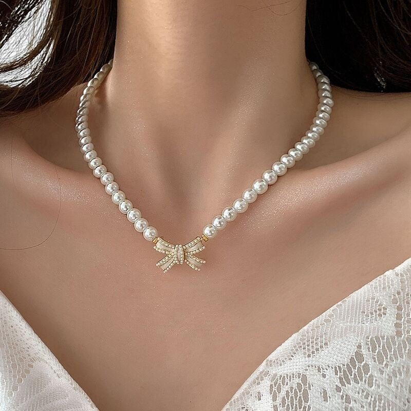 Sweater Chain Pearl Bow Necklace HA1261