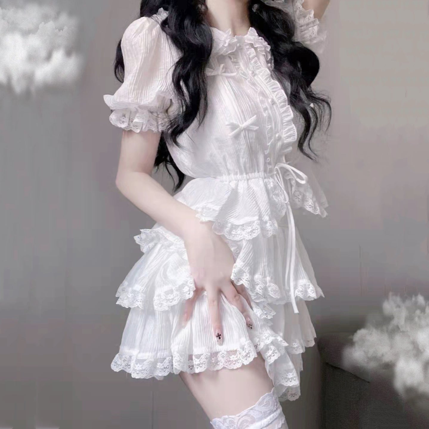 White doll collar shirt+lace lace cake skirt two -piece suit HA1097