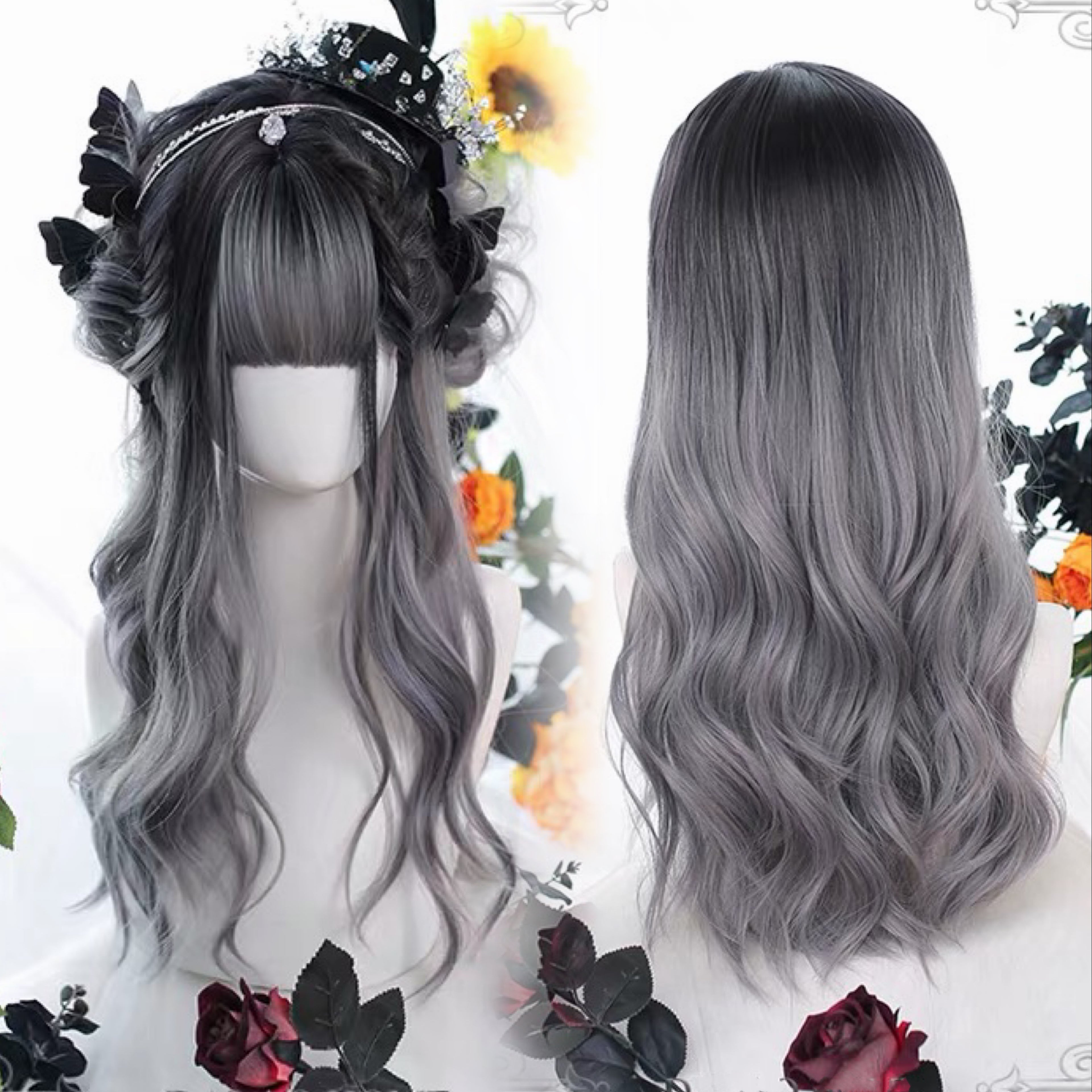 Gray Miasma Partially Dyed Long Curly Hair HA0465