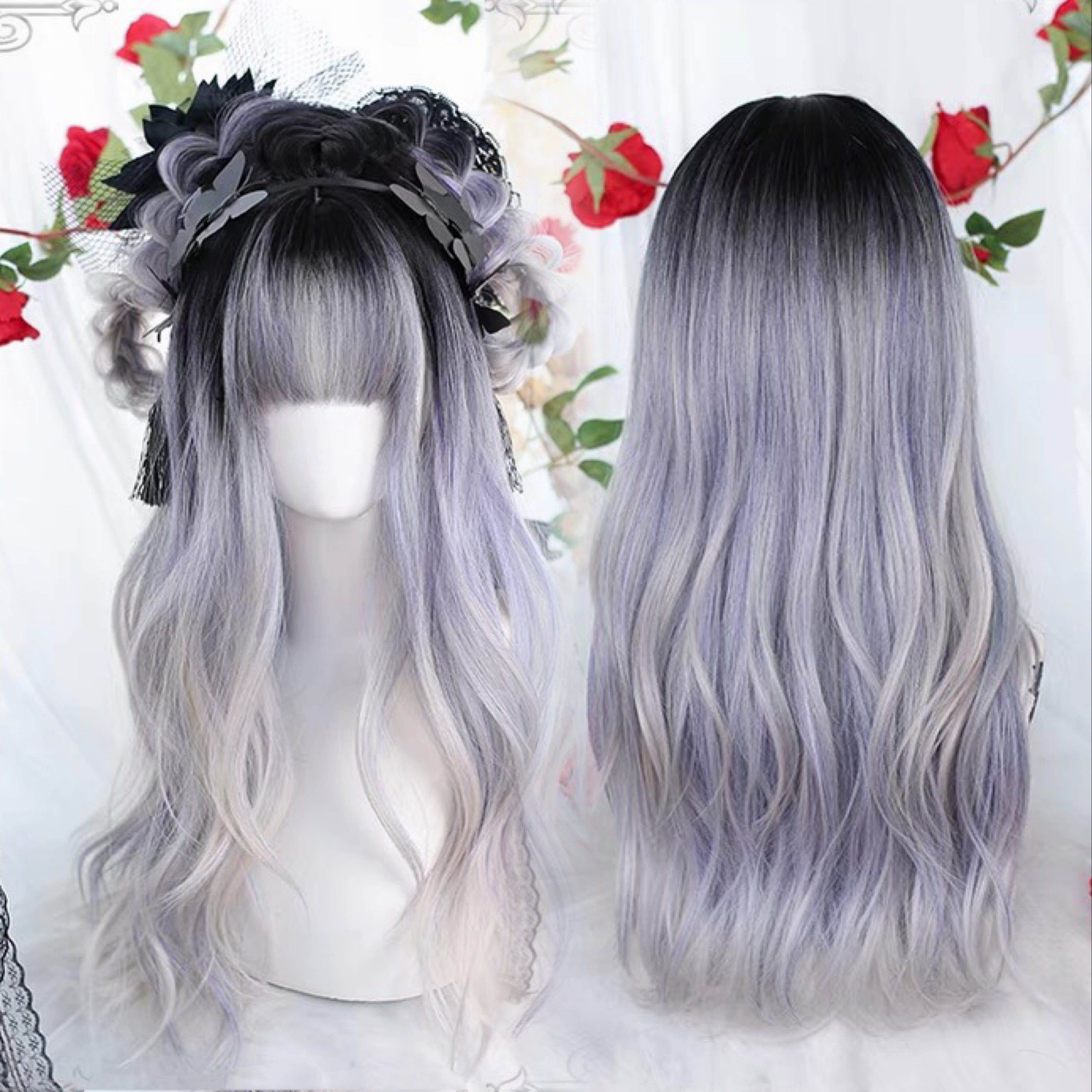 Gray dyed blue long curly hair HA0478