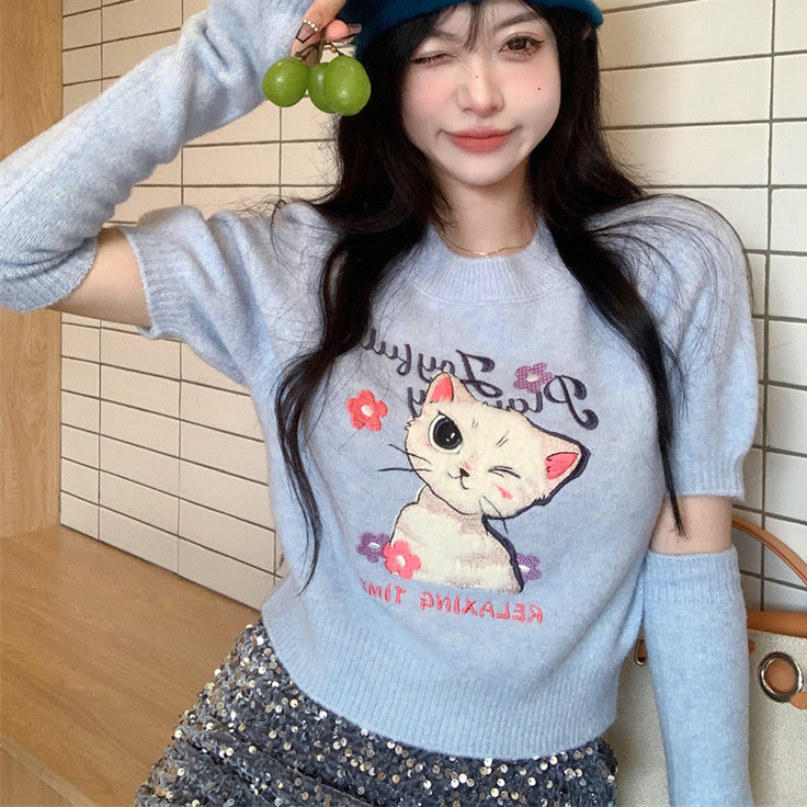 Puff Sleeve Cat Knit Top HA1233