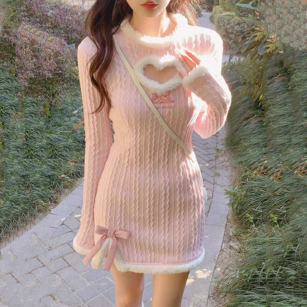 Heart Plush Vertical Stripe Dress HA1475