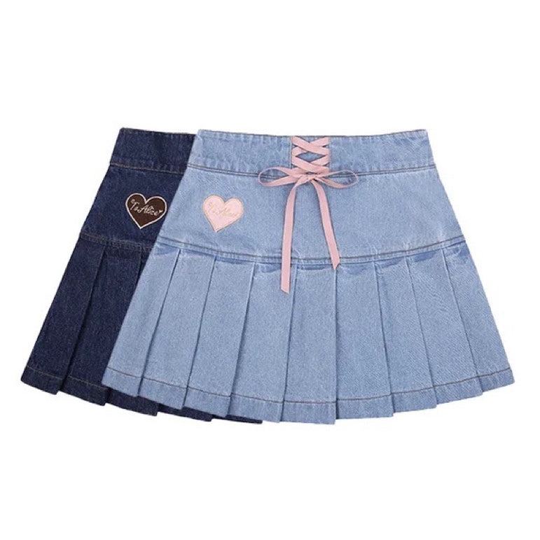Cute denim bow pleated skirt HA0745