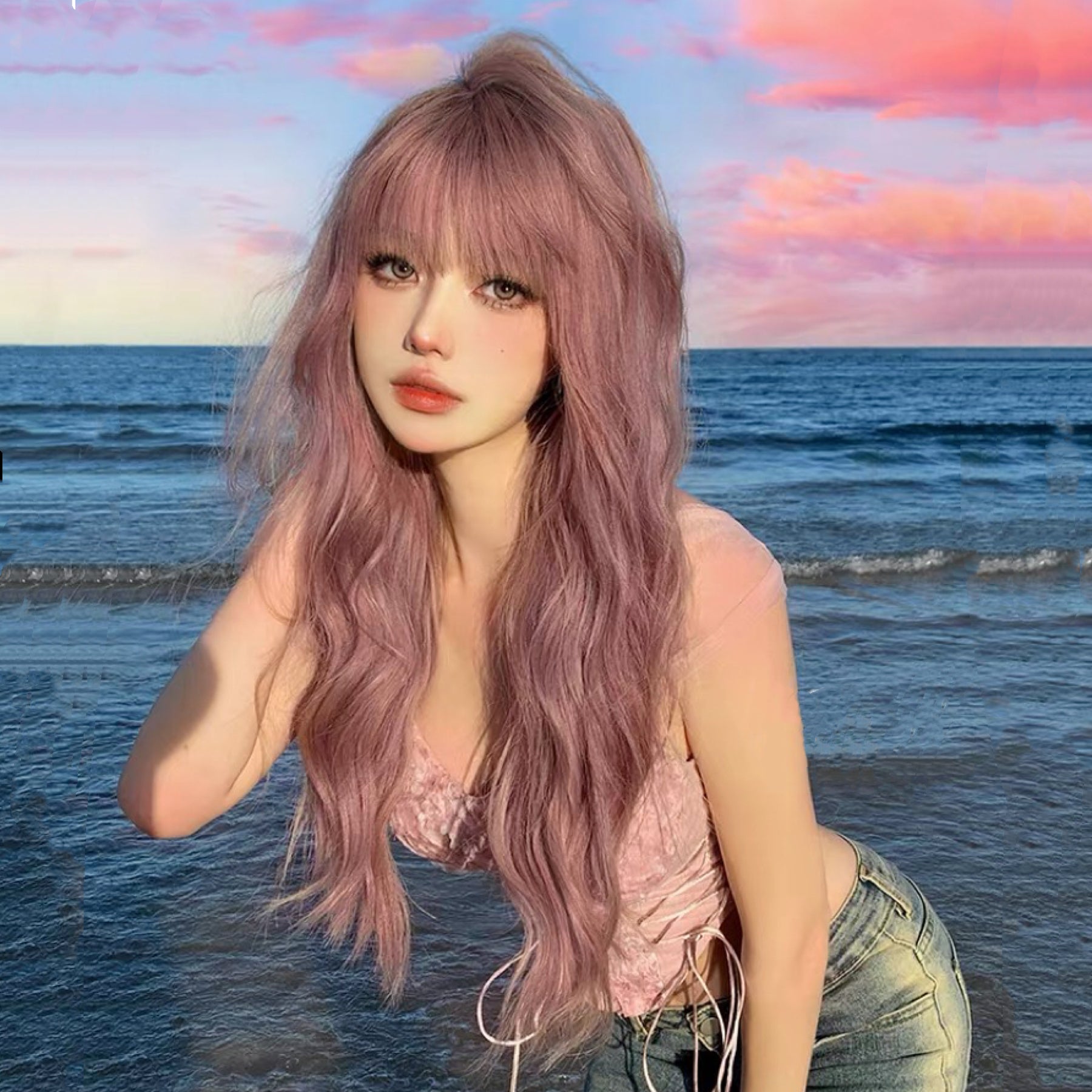 Pink Long Curly Wig HA1628
