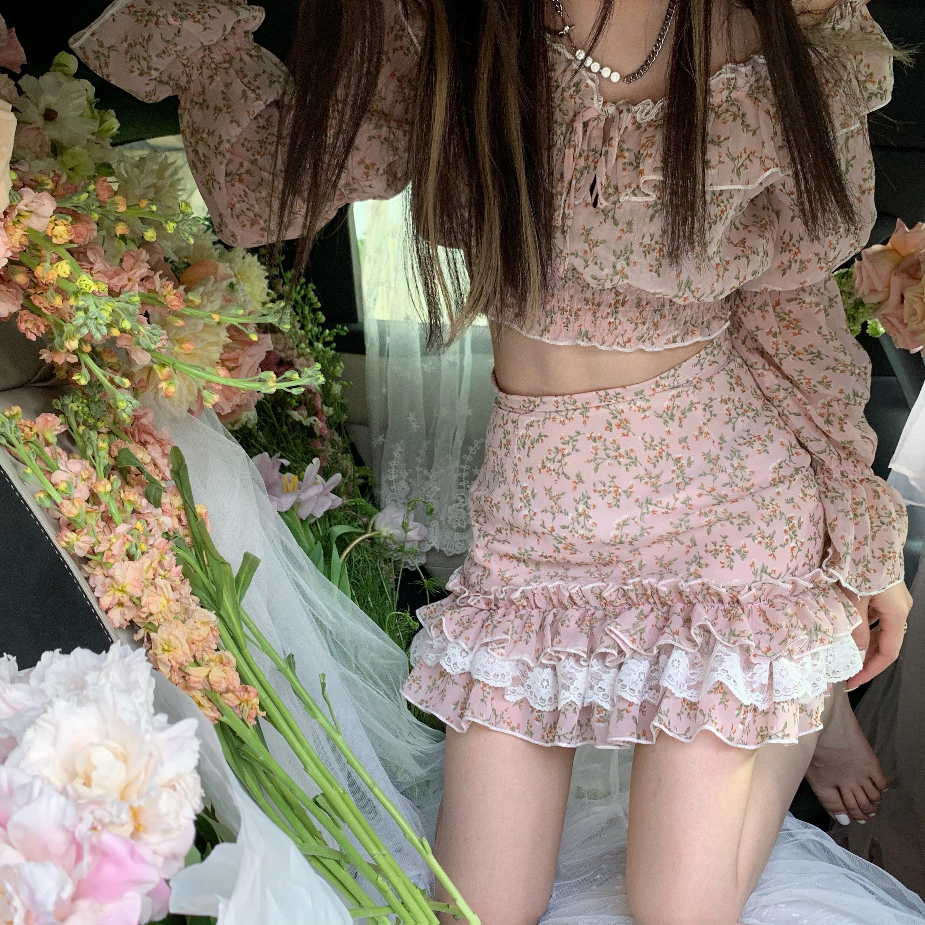 Floral Shirt Cover Hip Skirt Two-piece Set HA1538