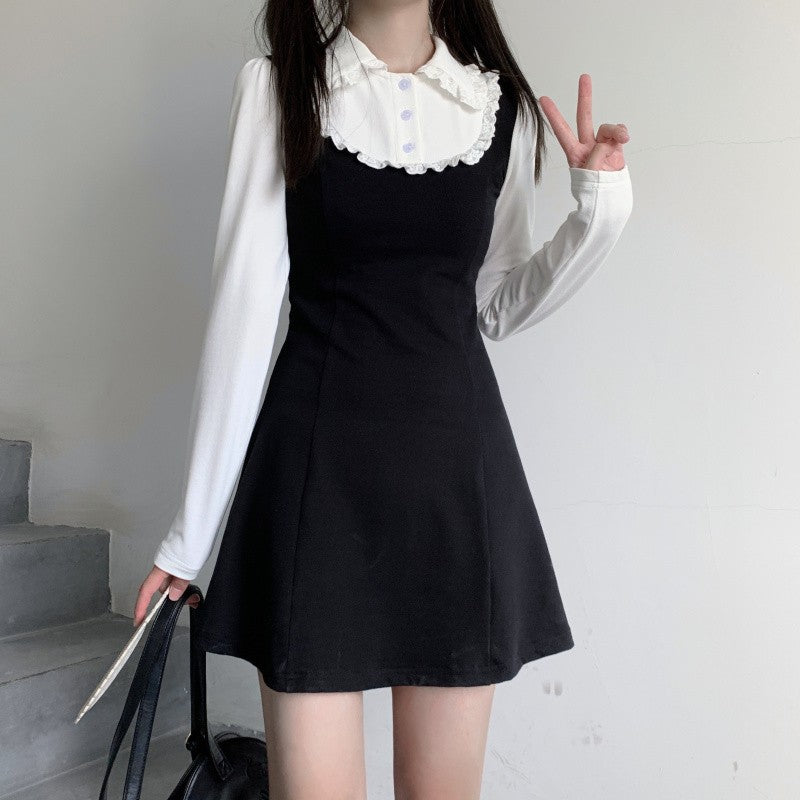Lace collar color block dress HA1453
