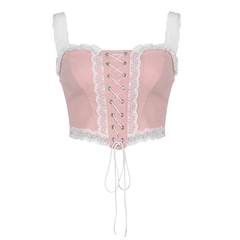 Dreamy Pink Lace Sling Waist Top HA1077