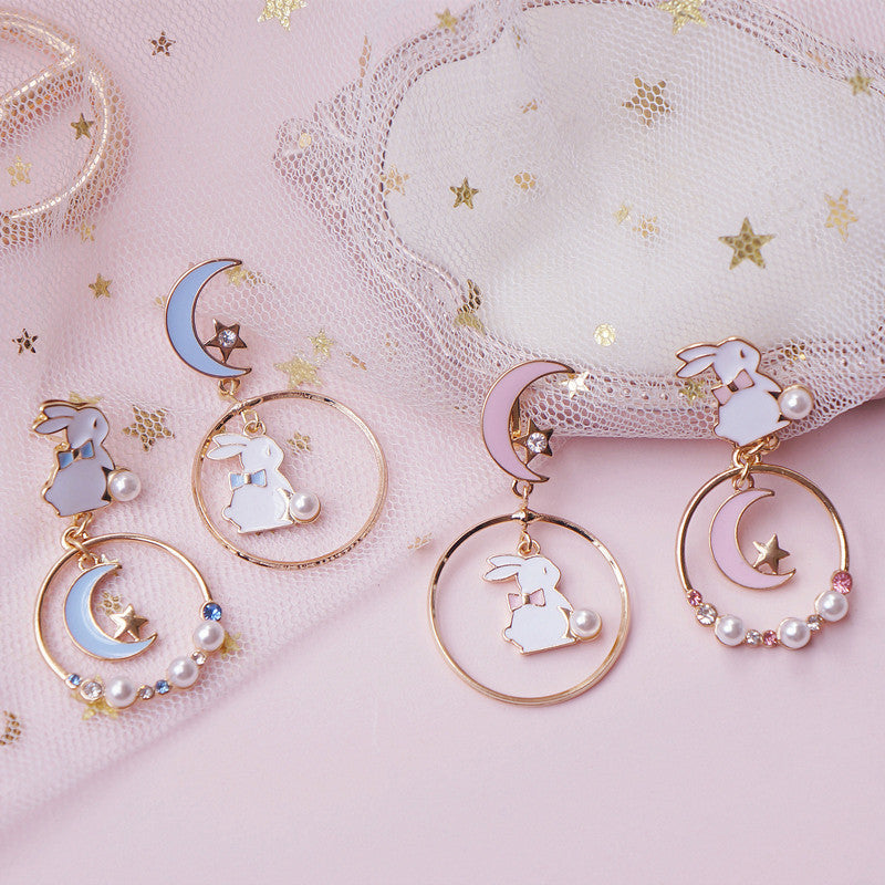 Moon White Rabbit Stud Earrings HA0495