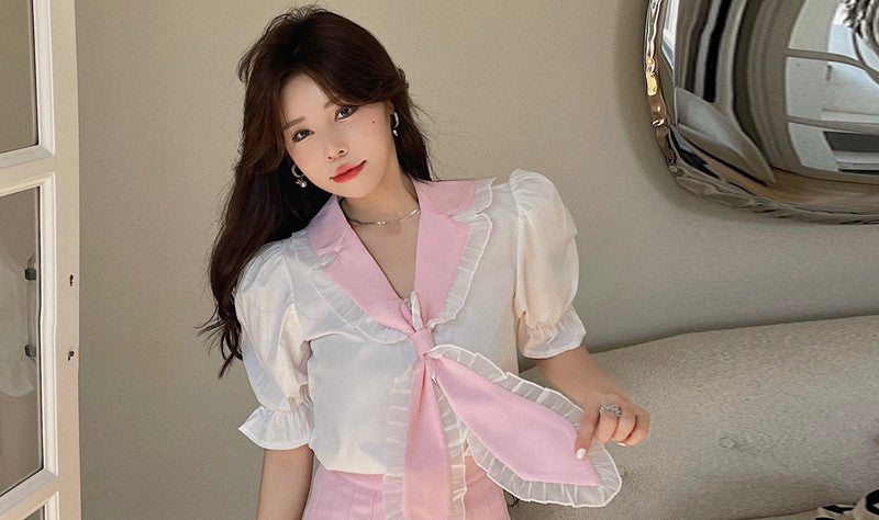 Sweet Shirt Top Pleated Skirt Set HA0491