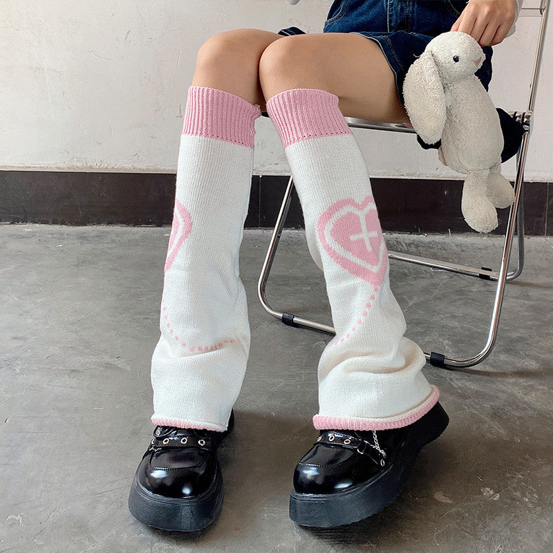 White Cross Heart Calf Socks HA1070