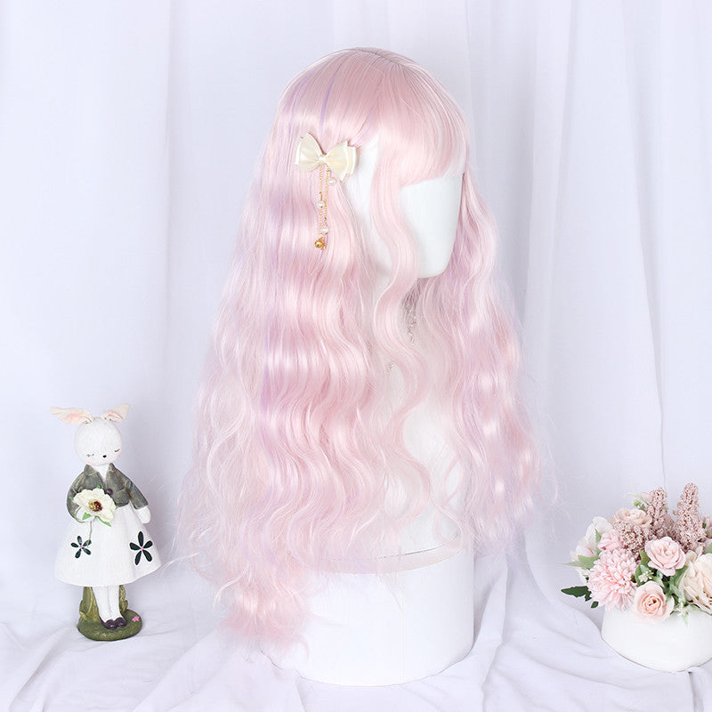 Light pink purple mixed color long curly wig HHA1108