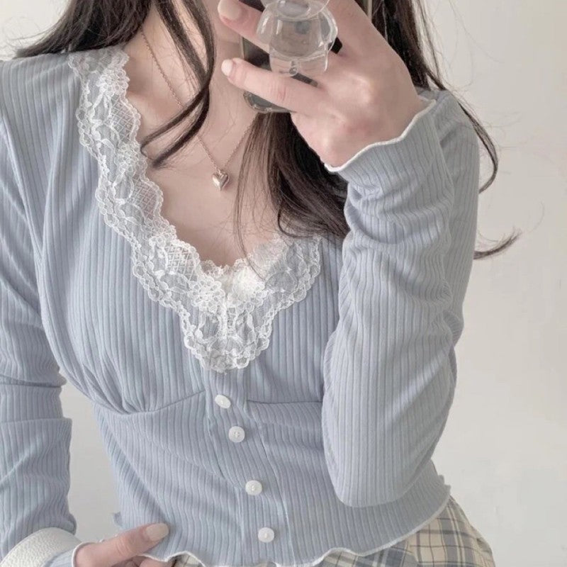Blue V-Neck Long Sleeve T-Shirt HA1505