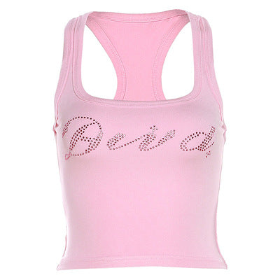 Halter Neck Slim Hot Diamond Letter Vest HA2086