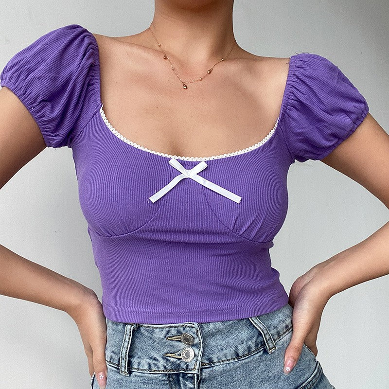 Lace bow short-sleeved T-shirt HA1295