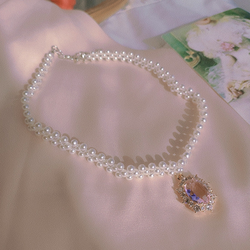 Pink Rhinestone Pearl Clavicle Chain HA0843
