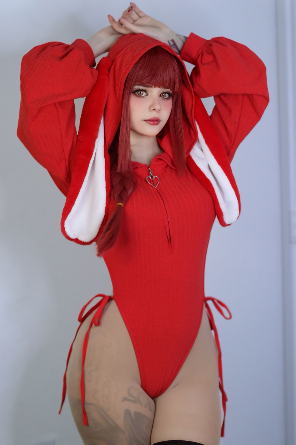 Chic Grey Bunny Ear Hoodie Bodysuit KO64