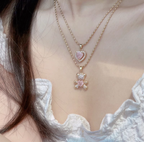 Pink Heartbeat Bear Pendant Necklace HA2404