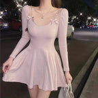 Bow Knot Long Sleeve Waist Knit Dress   HA2131