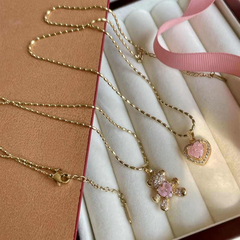 Pink Heartbeat Bear Pendant Necklace HA2404