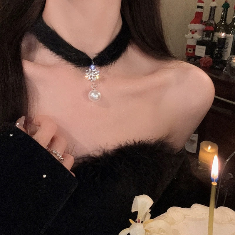 Feather Snowflake Pearl Earrings Necklace HA2415