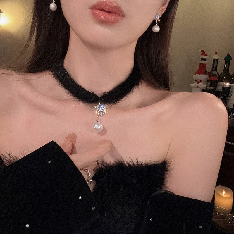 Feather Snowflake Pearl Earrings Necklace HA2415