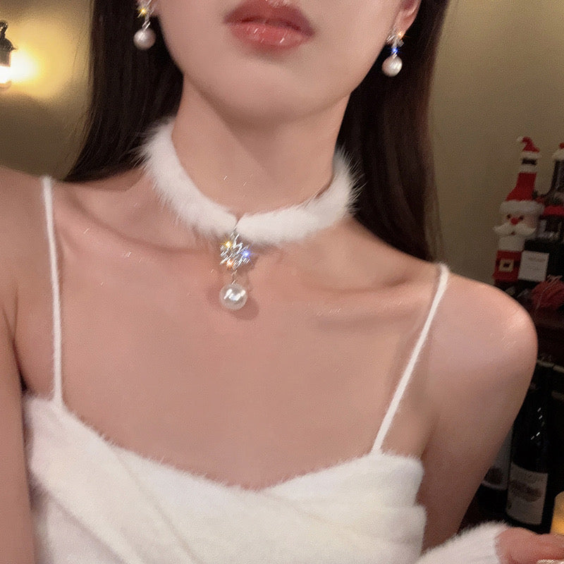 Feather Snowflake Pearl Earrings Necklace HA2415