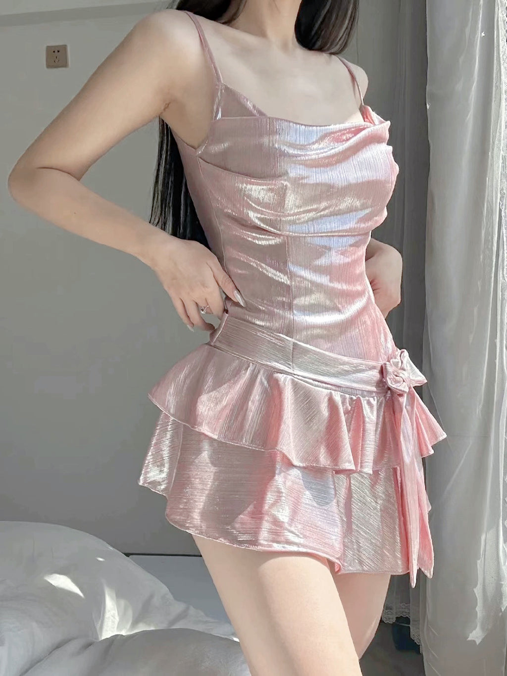 Pink shiny pleated dress HA2425