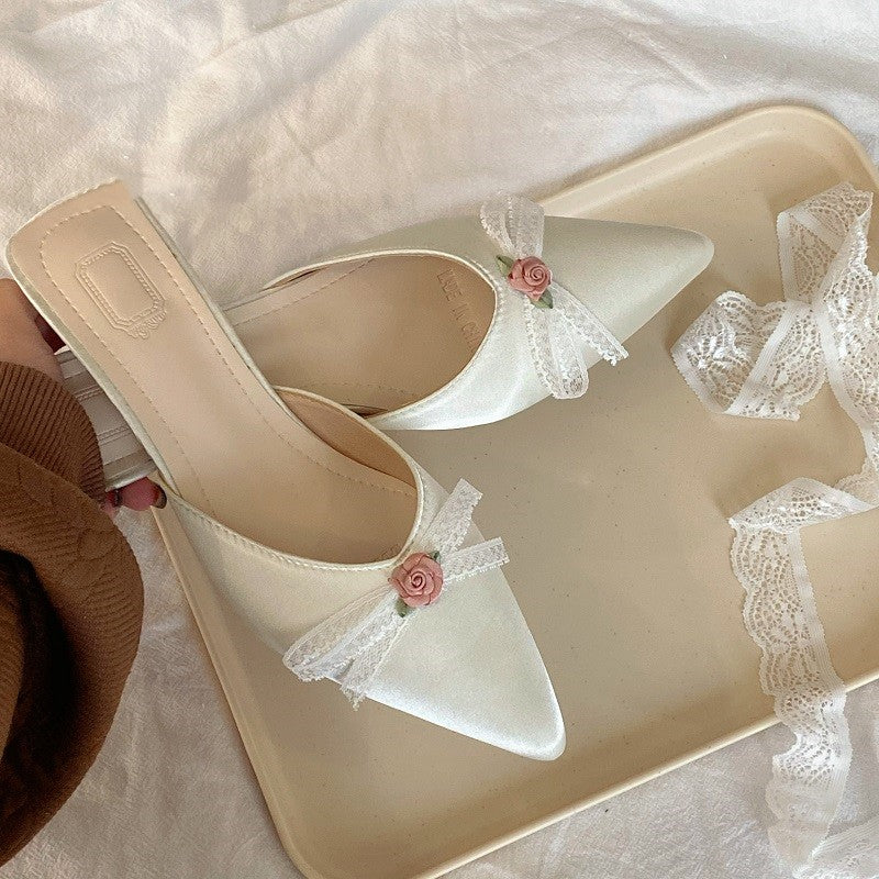 Satin Pointed Toe Low Heel Slides  HA1980