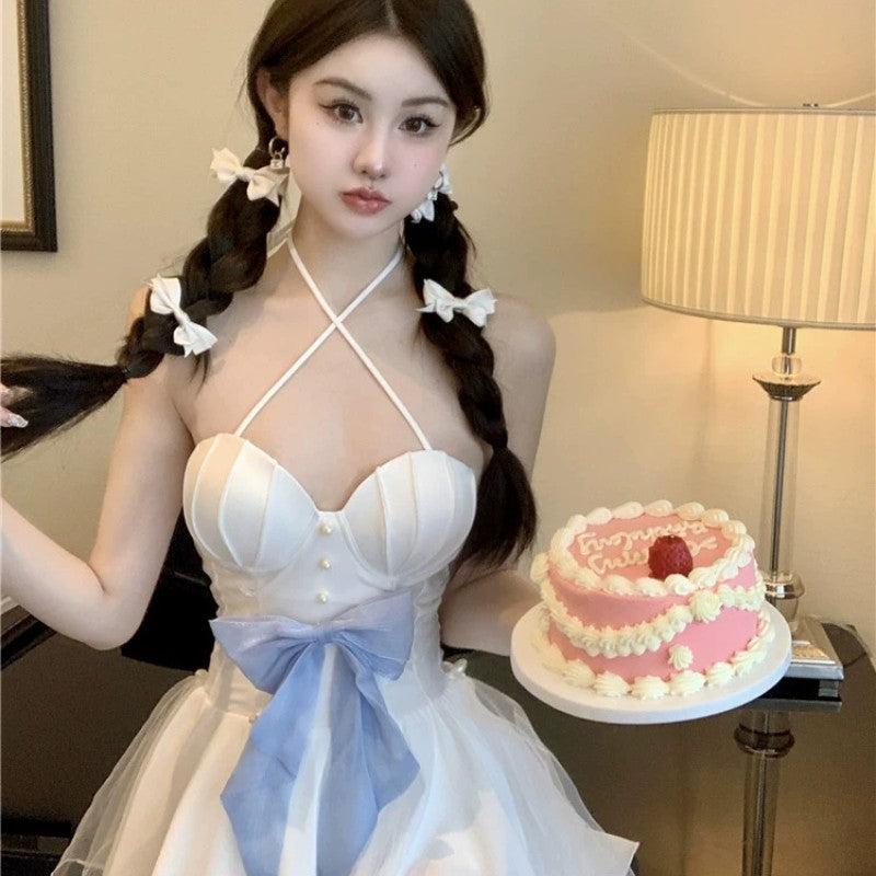 Mesh panel dress with bowknot   HA2018
