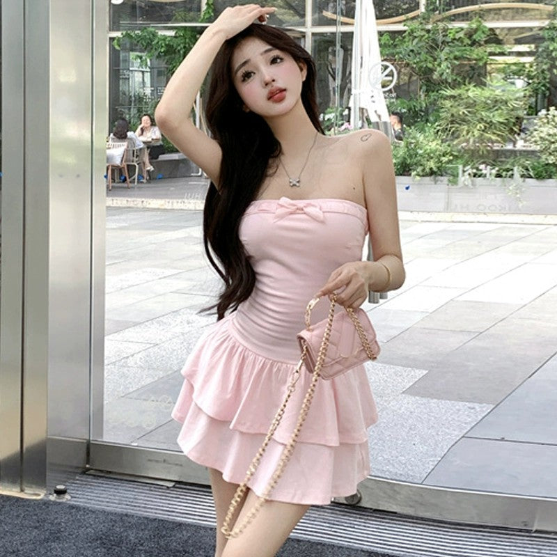 Pink One Shoulder Strapless Dress   HA1863