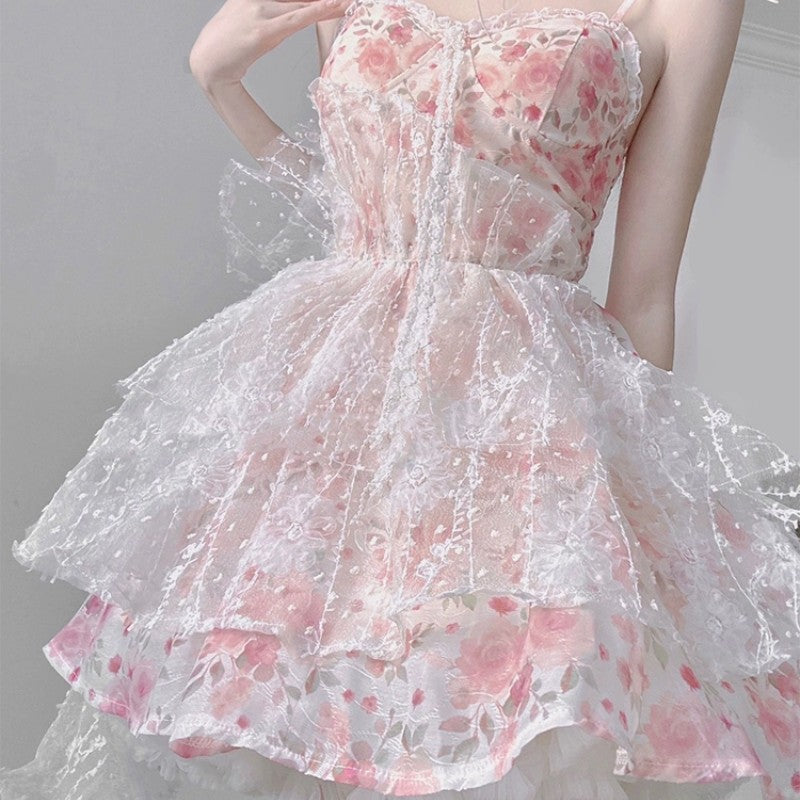 Pink Puffy Sling Floral Dress   HA1919