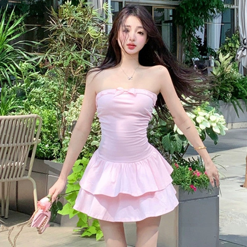Pink One Shoulder Strapless Dress   HA1863