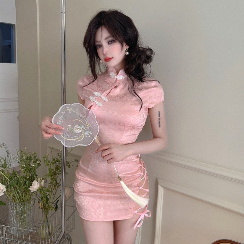 Pink dark pattern modified cheongsam skirt   HA2095
